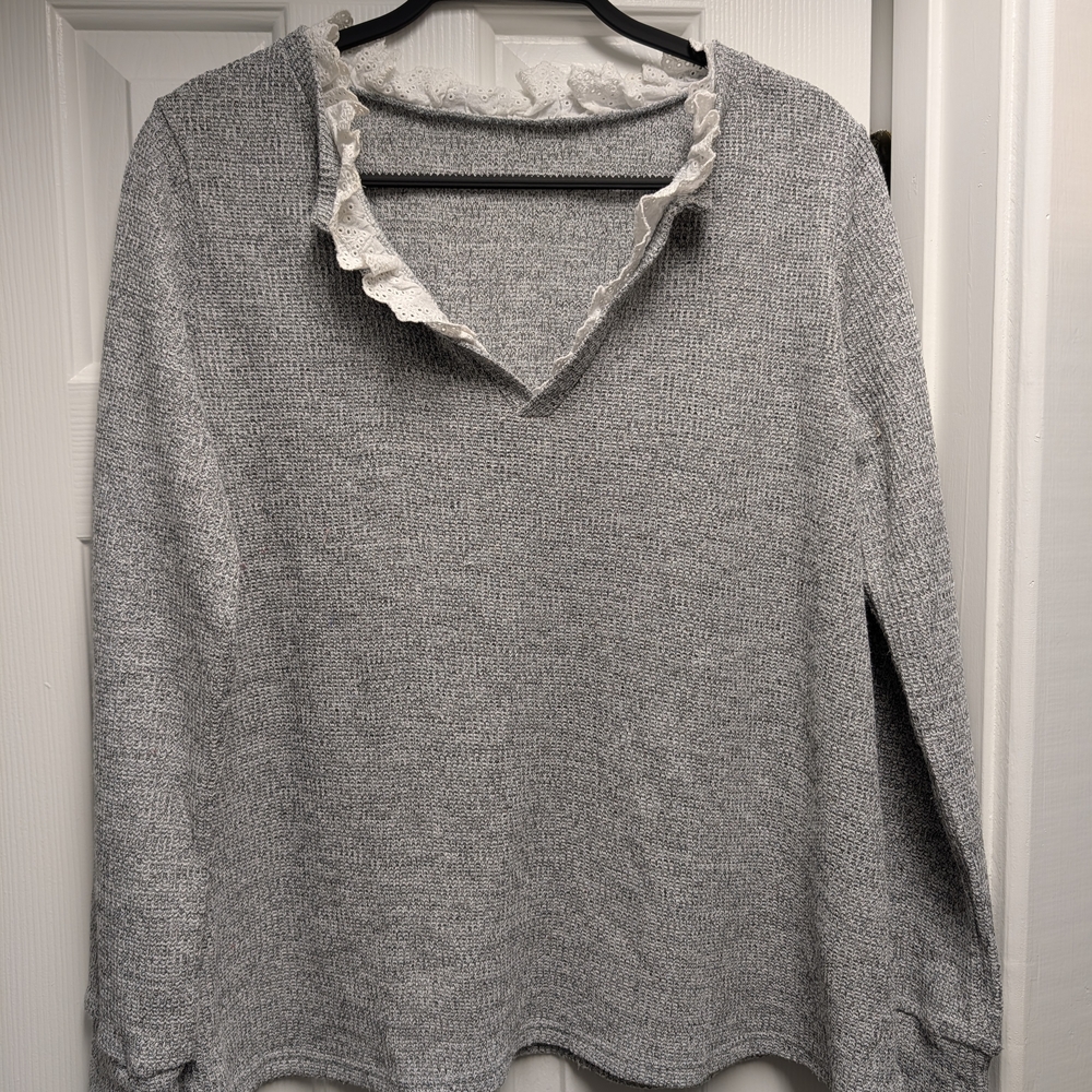 Gray Long Sleeve Sweater with Ruffle Collar